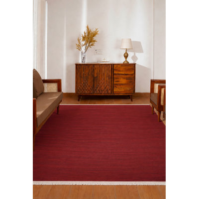 Alithea Hand Woven Flat Weave Kilim Wool Eco-Friendly Area Rugs - Rectangle, Dark Red Color, Plain Solid Design, Low Pile Handmade Area Rugs for Living Room, Bed Room