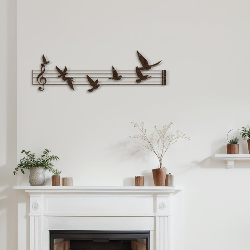 Music Notes and Birds Modern Abstract Wall Accent Sculpture Hanging Decoration Metal Wall Decor, 9.9" H x 30" W x 0.05" D