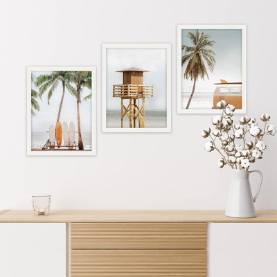 Coastal Beach " IDEA4WALL Framed Poster Bathroom Decor Wall Art Room Decor Multicolor For Living Room, Bedroom, Office California Beach Palm Tree Ocean Lifeguard Tower Wilderness Nature " 3 - Pieces