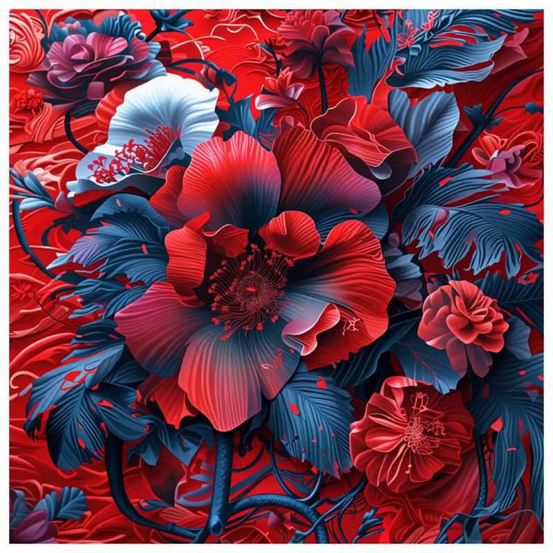 Red Blue Floral Composition Duvet Covers, Lit simple