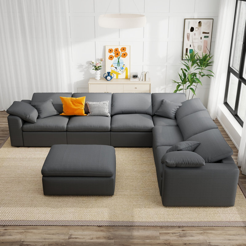 125" U-Shaped 7-Seater Modular Upholstered Corner Sectional Sofa with Movable Ottoman, For Living Room, Office and Spacious Space