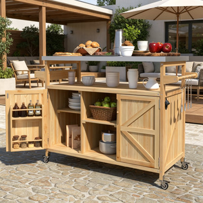 Table de préparation pour îlot de cuisine et barbecue en bois de sapin massif 43,3 "avec plateau en acier inoxydable, chariot roulant