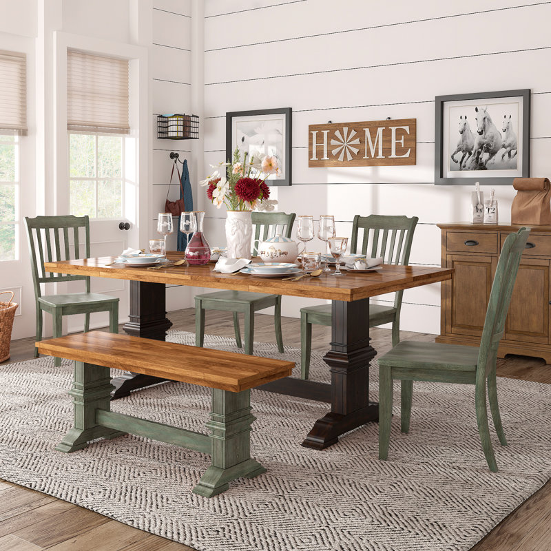 Ensemble de salle à manger Marcotte 78 po en bois massif fini chêne avec chaises à dossier à fuseaux - 6 pièces, table à piètement noir antique, chaises et banc à piètement en sauge antique