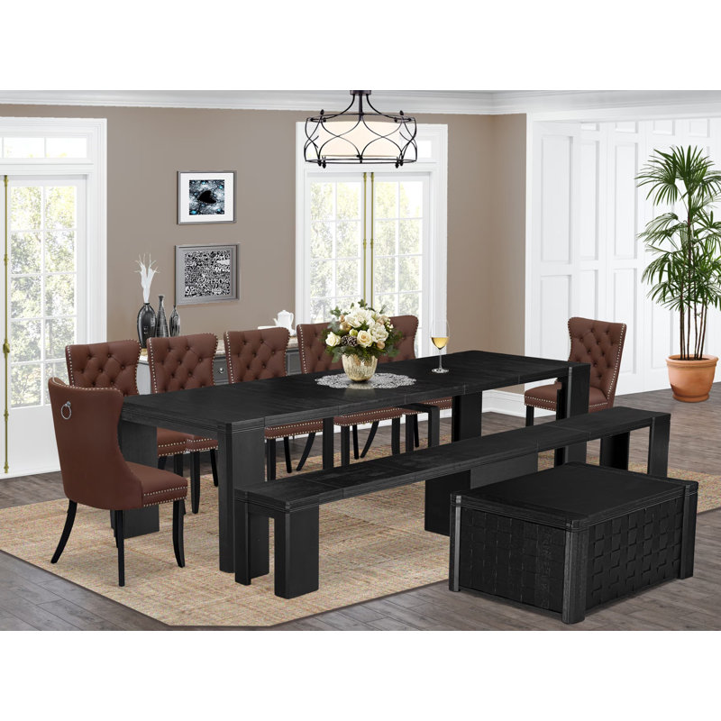 10-piece Xtenczar Dining Table Set a Rectangular Dining Table with a coffee Table and a wooden Bench and 7 Burgundy Polyester Fabric Kitchen Chair, Wire Brushed Black