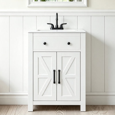 24" Farmhouse White Freestanding Bathroom Vanity with Integrated Ceramic Sink & Soft‑Close Door