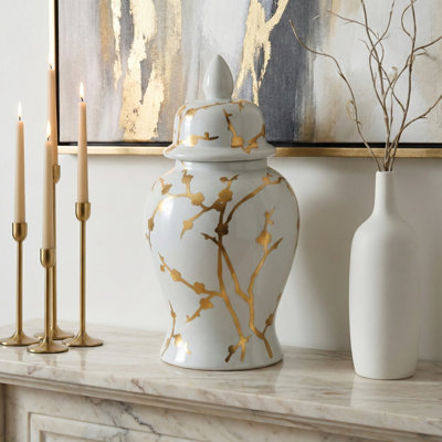 Classic Gilded Blossom Tall Ceramic Jar with Lid for Home Decor - Elegant Table Jar for Shelves, Consoles and Tabletop Styling - 14", White & Gold