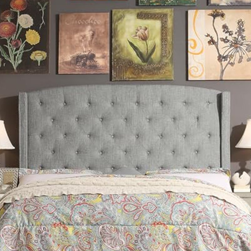 Tête de lit tapissier à oreilles en lin avec garniture cloutée double et capitonnage pour chambre à coucher, Lit simple, Gris