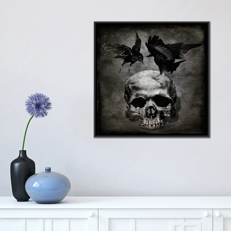 «Skull with Crows», impression sur toile, H 18 po x l 18 po x P 1,5 po, Toile avec cadre noir, Pas de tapis