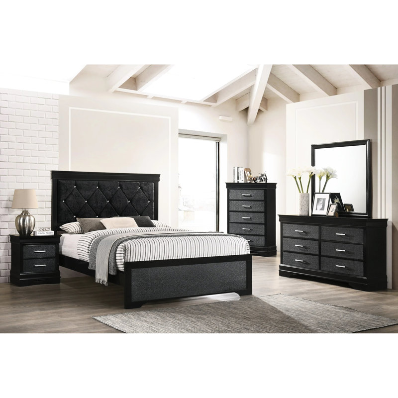 Lit double moderne à panneau noir avec tête de lit tapissier et capitonnage à boutons scintillants