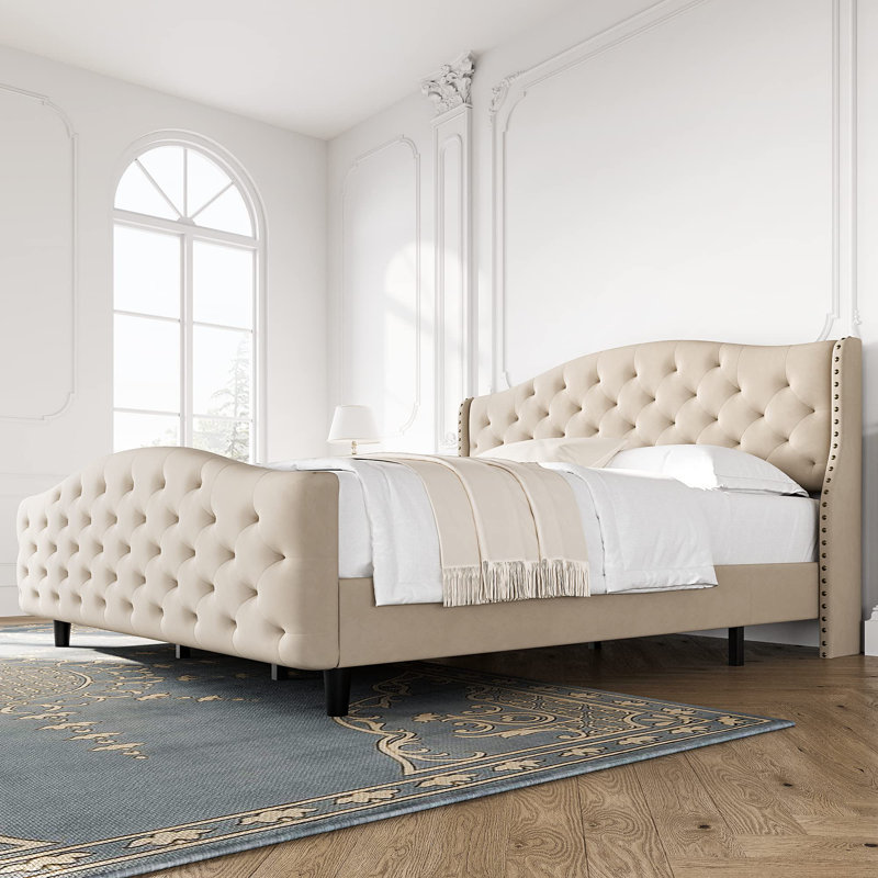 Structure de lit plateforme en velours avec base de lit et tête de lit tapissier, Beige, Très grand lit