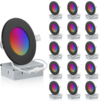 QPLUS 4 Inch Black Slim LED Smart WIFI RGB Recessed Ceiling Light w/Junction Box and Trim, 10W