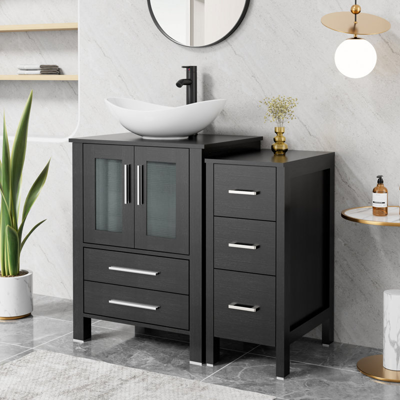Meuble-lavabo simple 36 po avec lavabo vasque Sharee, comptoir en bois manufacturé, robinet et drain Sharee, Noir