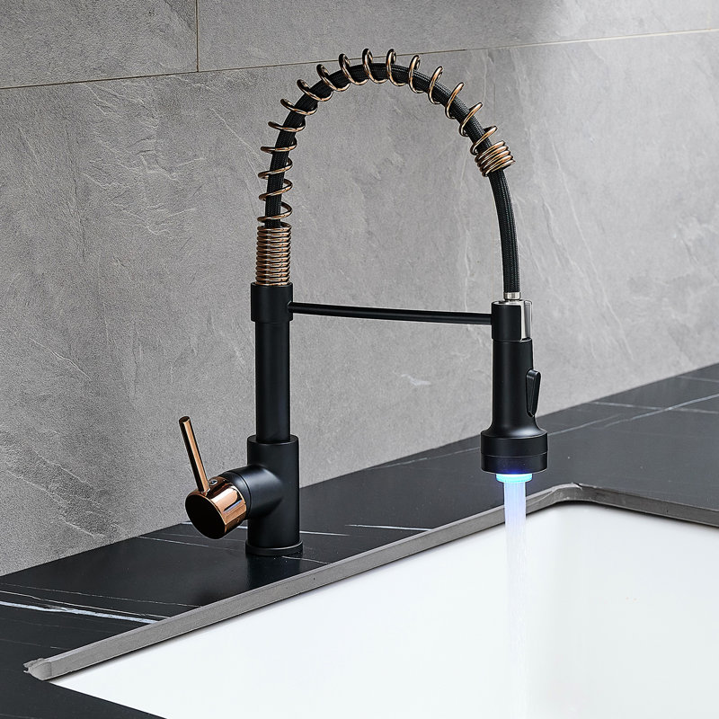 Single Handle Lever Led Kitchen Faucet With Pull Down , Black And Rose Gold Sink Faucet, Contemporary Style, Brass Material, 360 Degree Rotating High Arch Spout, Corrosion Commercial Lever, Color,
