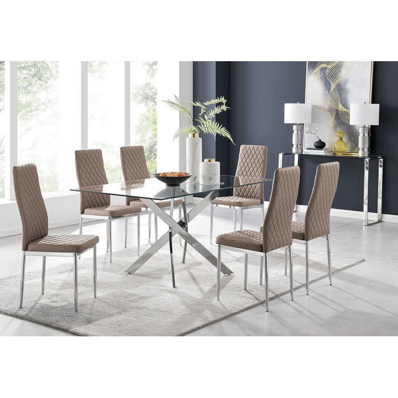 Lenworth Chrome and Glass Rectangular Dining Table Set with 6 Quilted Faux Leather Chairs, Cappuccino