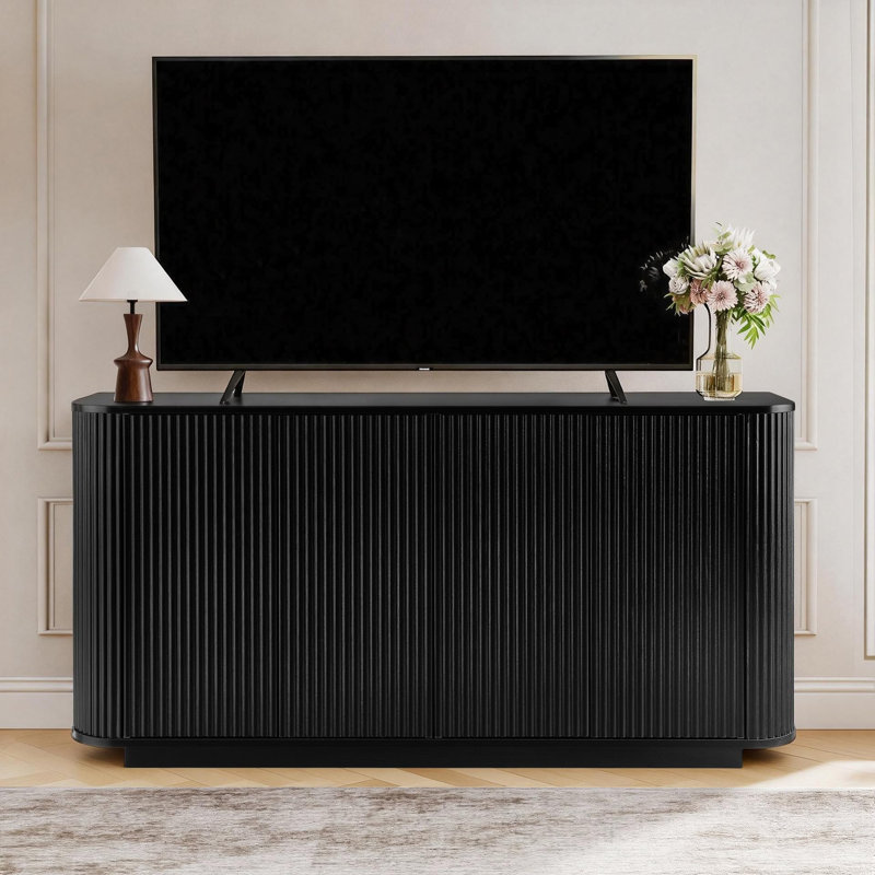 64" Modern Fluted Sideboard Buffet Cabinet - Grey Oak Storage Credenza, Black/Black