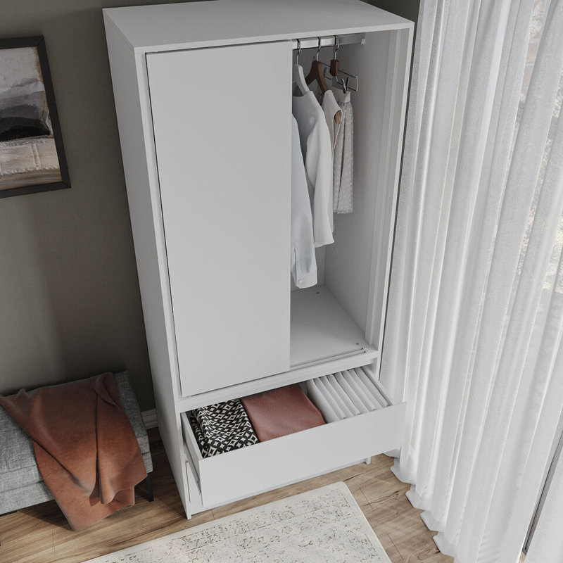 Solid Wood Wardrobe, White/White