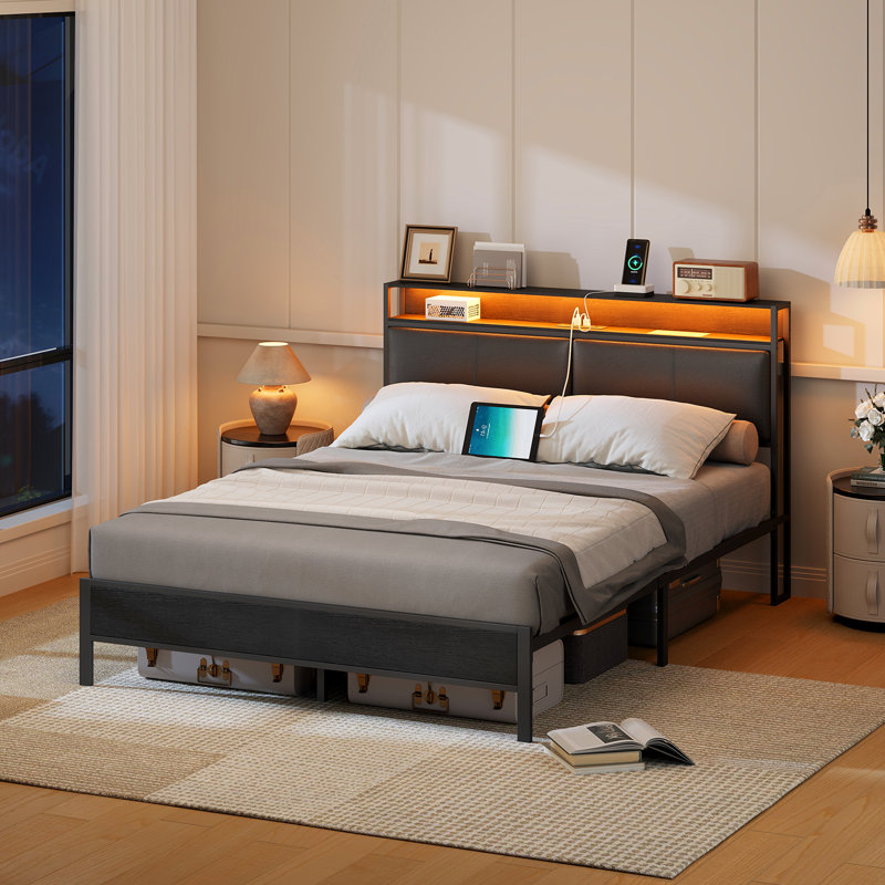 Jeffory Bed with Storage Headboard and Integrated Charging Station, Full, Black