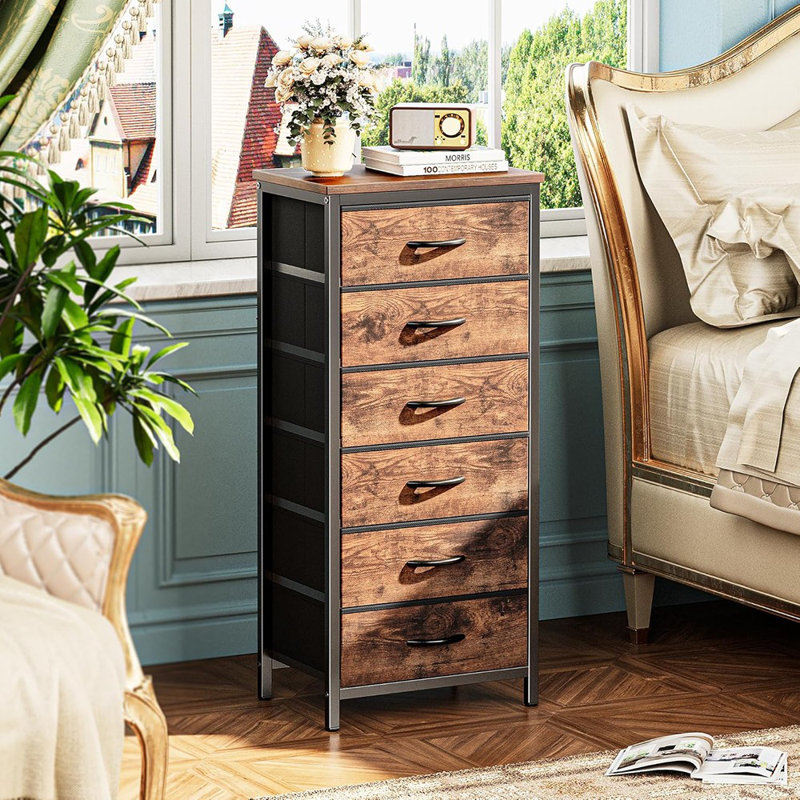 Grande commode pour chambre à coucher, commode 6 tiroirs et commodes, commode en tissu pour placard, chambre à coucher, table de chevet, table de bout avec structure en métal, tour de rangement avec bacs en tissu, brun rustique