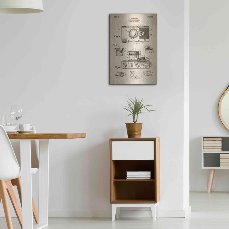 «Caméra, 1936 Blueprint Brevet Parchment», art mural en métal, 12 po x 16 po, H 24 po x l 16 po