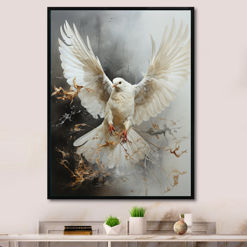 Art mural blanc avec ailes de colombe blanche, Cadre flottant noir, H 32 po x l 16 po x P 1 po