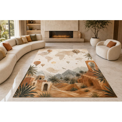 Tapis Desert Journey « Ultra Léger » grand format (201 cm x 300 cm) pour salon, chambre et bureau, moquette douce à poils courts avec envers antidérapant en silicone, beige et terracotta