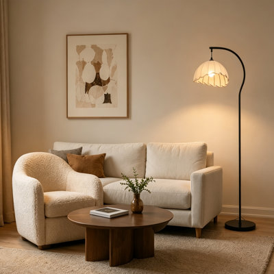 Lampe sur pied arquée en forme de pêcheur, lampe sur pied en métal courbé avec abat-jour en tissu à pétales ondulés, éclairage d'ambiance pour salon, chambre ou coin canapé.