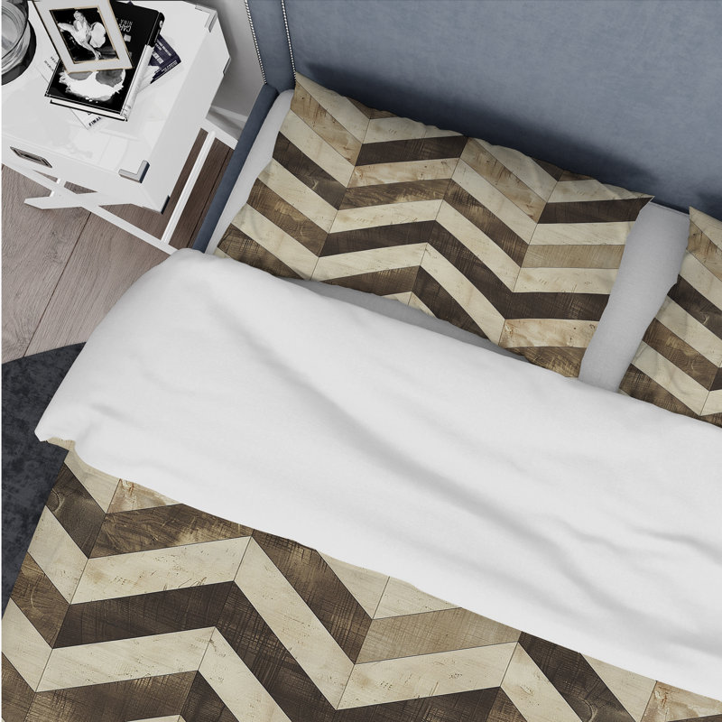 Ensemble de housse de couette moderne à motif de chevrons brun et beige I, Housse de couette simple et deux taies décorative
