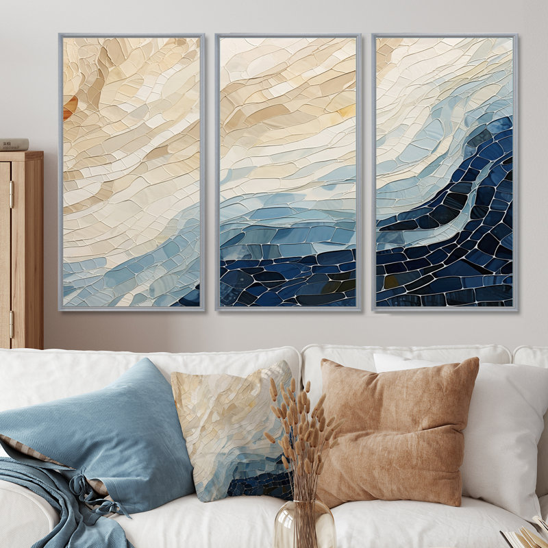 «Abstract Breaking Waves Blue» - ensemble d'art abstrait mural, H 28 po x l 36 po x P 1 po, Encadrement argenté