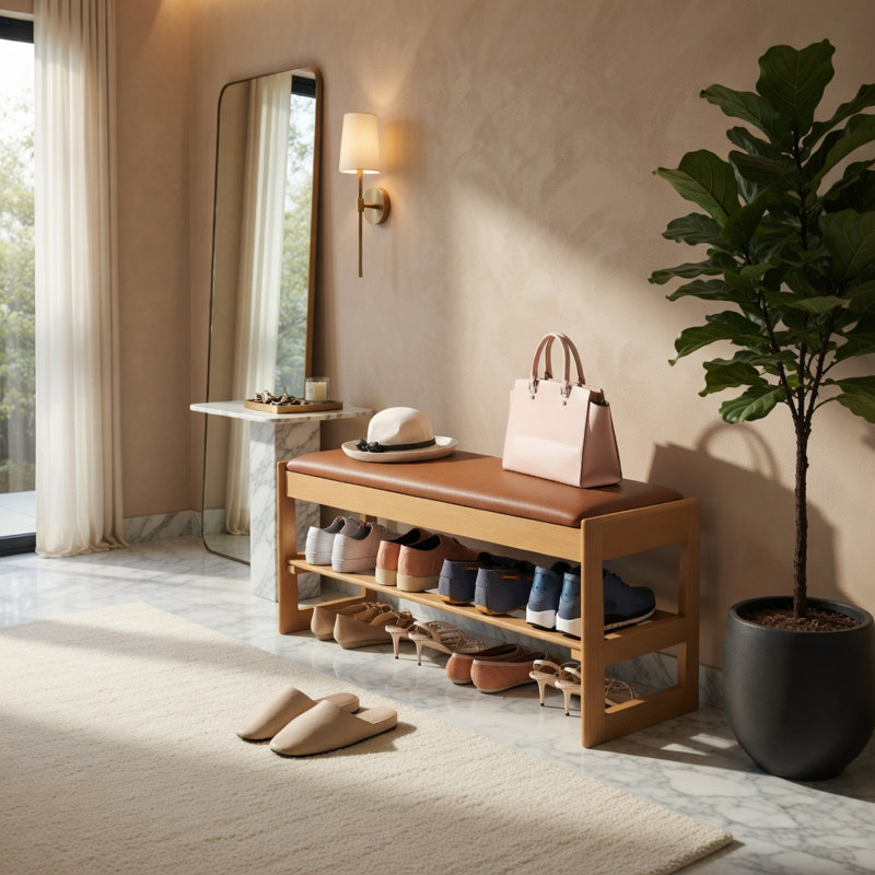 Banc à chaussures à 2 niveaux avec rangement rabattable - Banc d'entrée en bois d'hévéa, siège rembourré et compartiment caché, brun / beige naturel