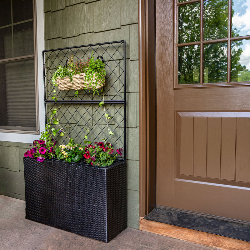 3-Section Wicker Planter Box with Trellis - Black