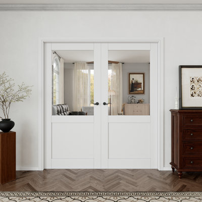 Interior Pantry French Doors Half Clear Glass Panel Modern Solid Manufactured Wood Primed French Double Door With Hardware / Frame