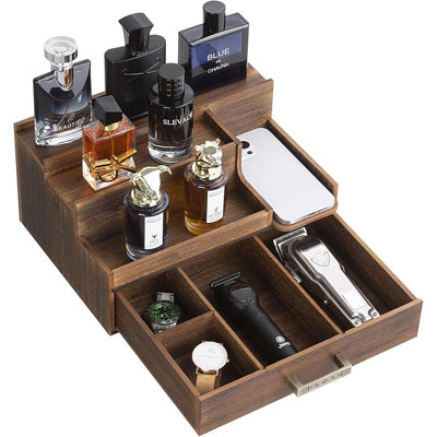 Présentoir de parfum à 3 niveaux avec tiroir et compartiments cachés, support en bois pour homme élégant en bois pour le rangement de la commode, cadeau idéal pour les pères
