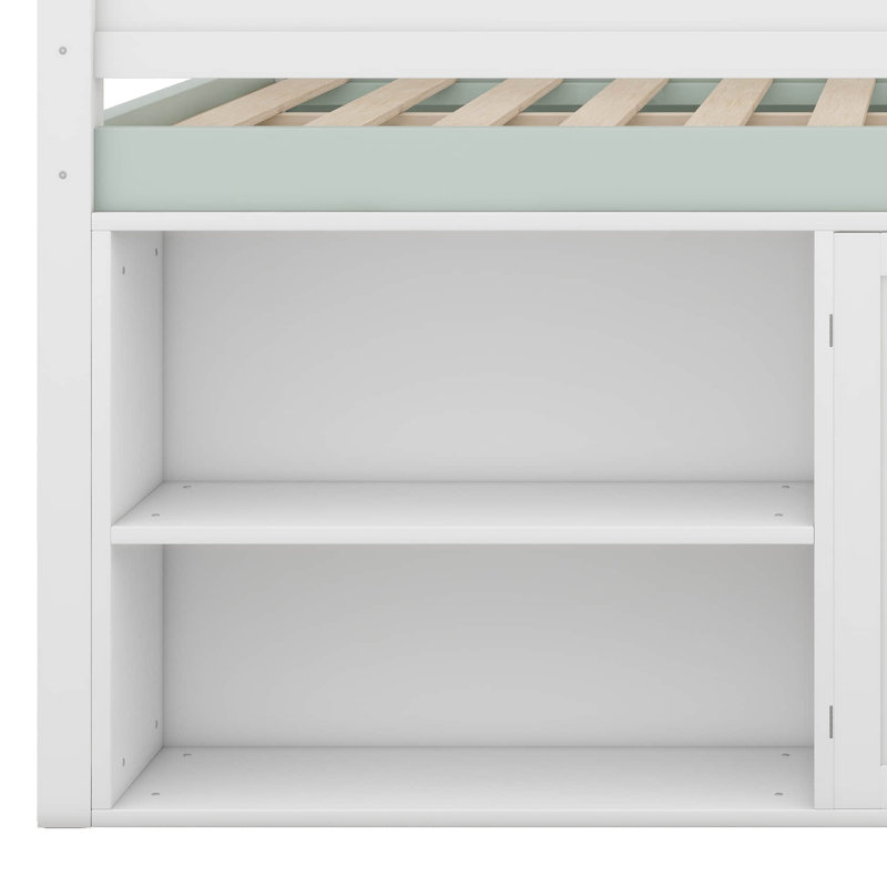 Full Size Loft Bed With Canopy Roof And Storage Cabinet, Wooden House-Shaped Frame With Ladder, Shelves, White/Green