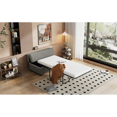 Lit simple escamotable avec repose-pieds pliant avec matelas, lit d'invité convertible, gris foncé