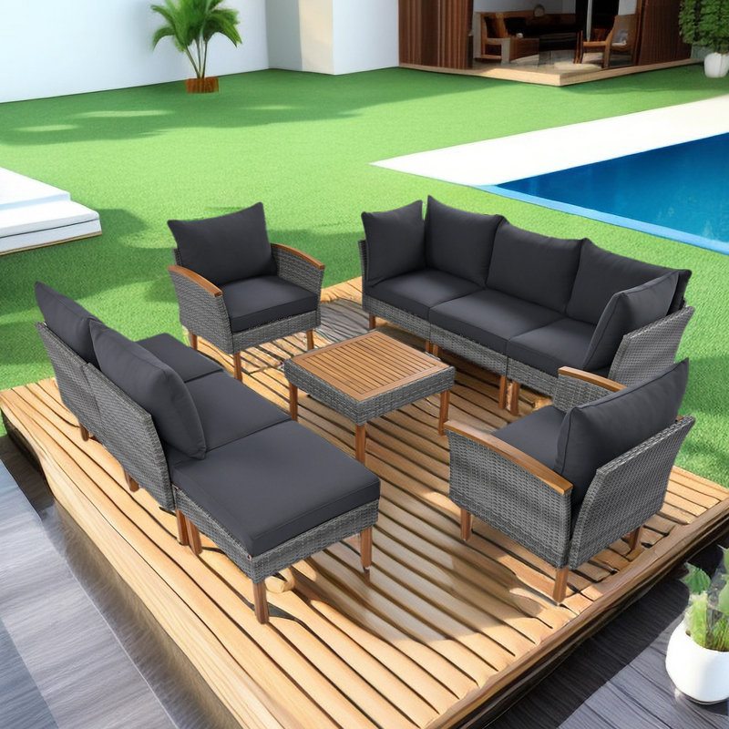 Wicker 7 - Person Modular Patio Conversation Sets with Cushions, Gray