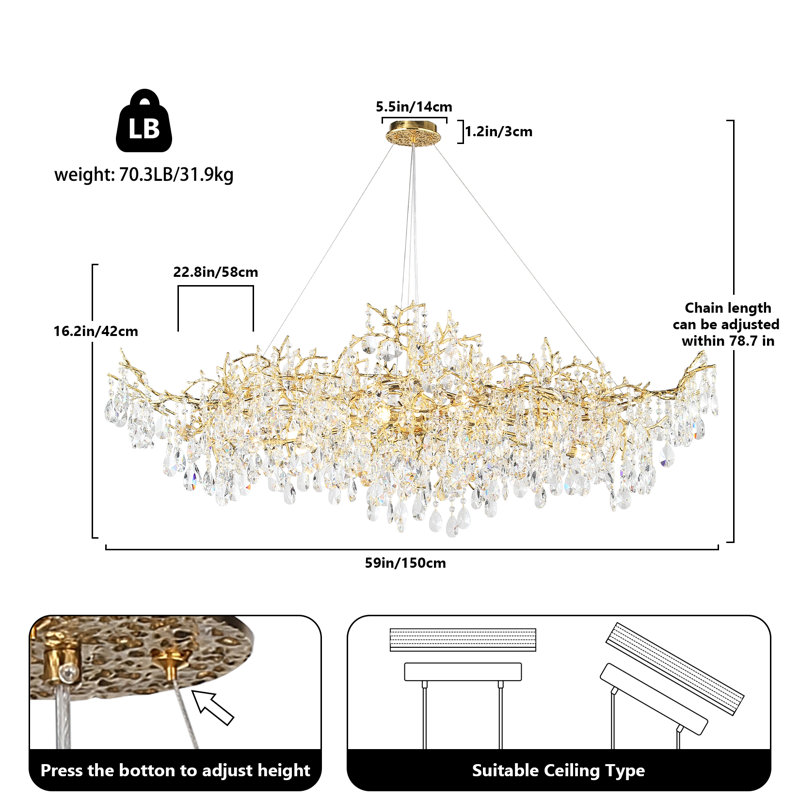 Lustre en cristal K9, Doré, 18