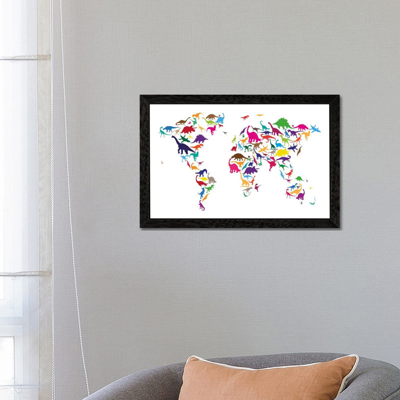 Dinosaur Map Of The World Map II by Michael Tompsett - Print on Canvas, 152.5 cm H x 101.5 cm W, Black Framed