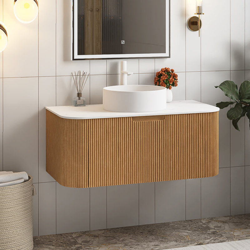 36" Wall-Mounted Floating Bathroom Vanity With Sink, Natural Wood