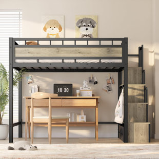 Twin Loft Bed With Storage Stairs, Metal Bed Frame, Built-in Guardrail & Anti-tipping Kit, Space-saving Loft Bed For Kids, Teens, Dorm Or Small Rooms