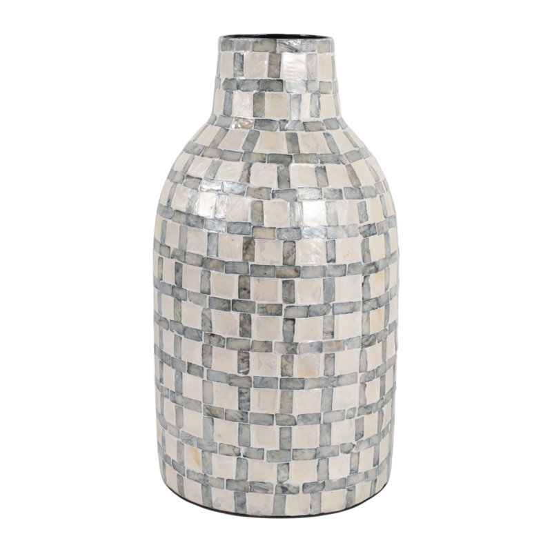 Mosaic Capiz Vase With Checkered Pattern For Home Decor - Decorative Tall Flower Vase For Table Centerpiece Or Shlef Accent - Ivory & Gray