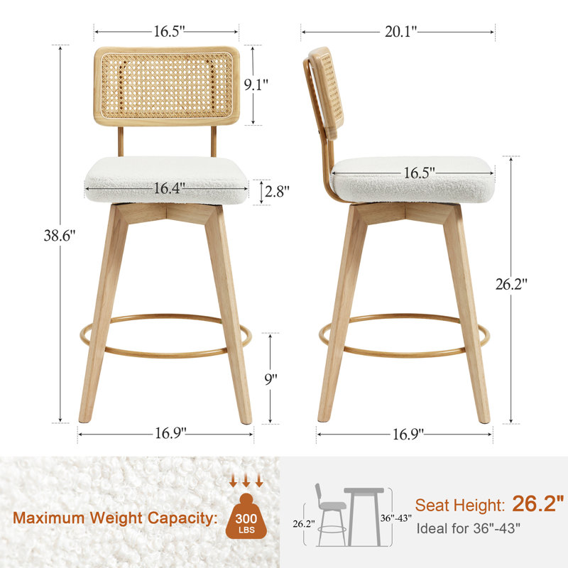 Uniondale Swivel Upholstered 26.2'' Counter Stool with Rattan Cane Back and Solid Wood Frame