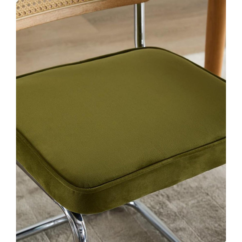 Ensemble de 6 chaises de salle à manger Modern Velvet, dossier en rotin et base chromée, vert olive, Velours vert olive