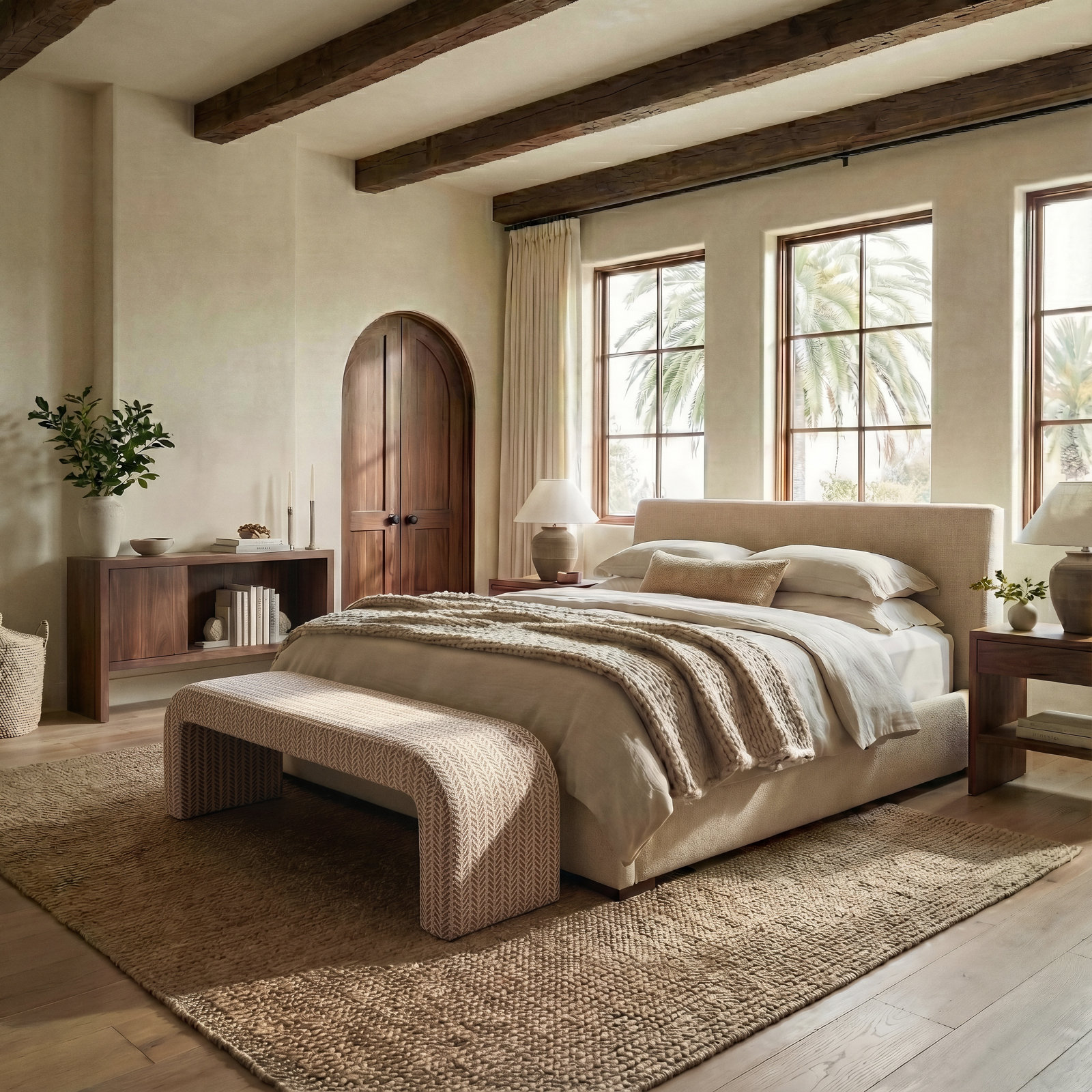 Daine 62" Linen Bedroom Bench, Brown / Beige Chenille Chevron