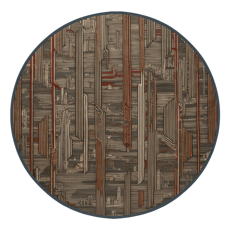 Machine Washable Art Deco Brown Area Rug, Round 7'