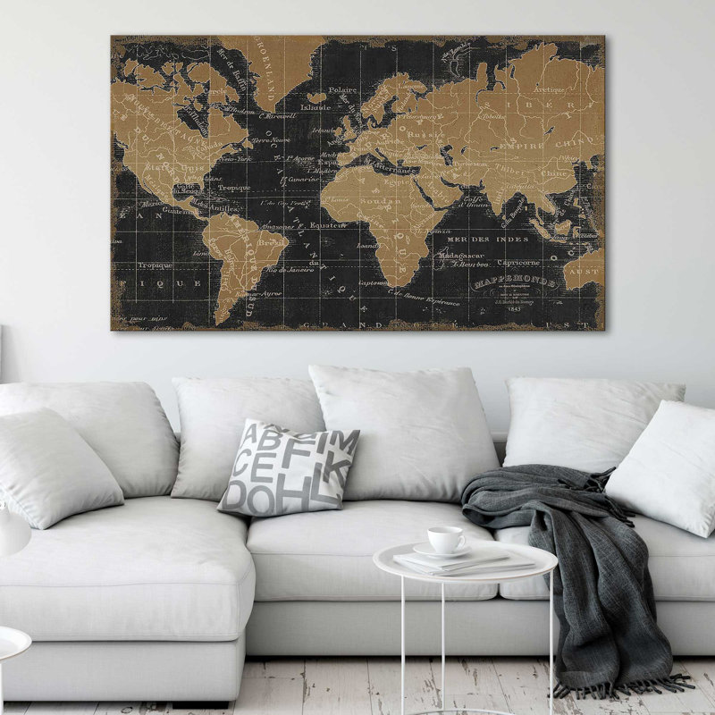 «Mappemonde Borderless Black Gold» par Pela Studio - impression, Toile tendue, H 36 po x l 60 po x P 1,5 po