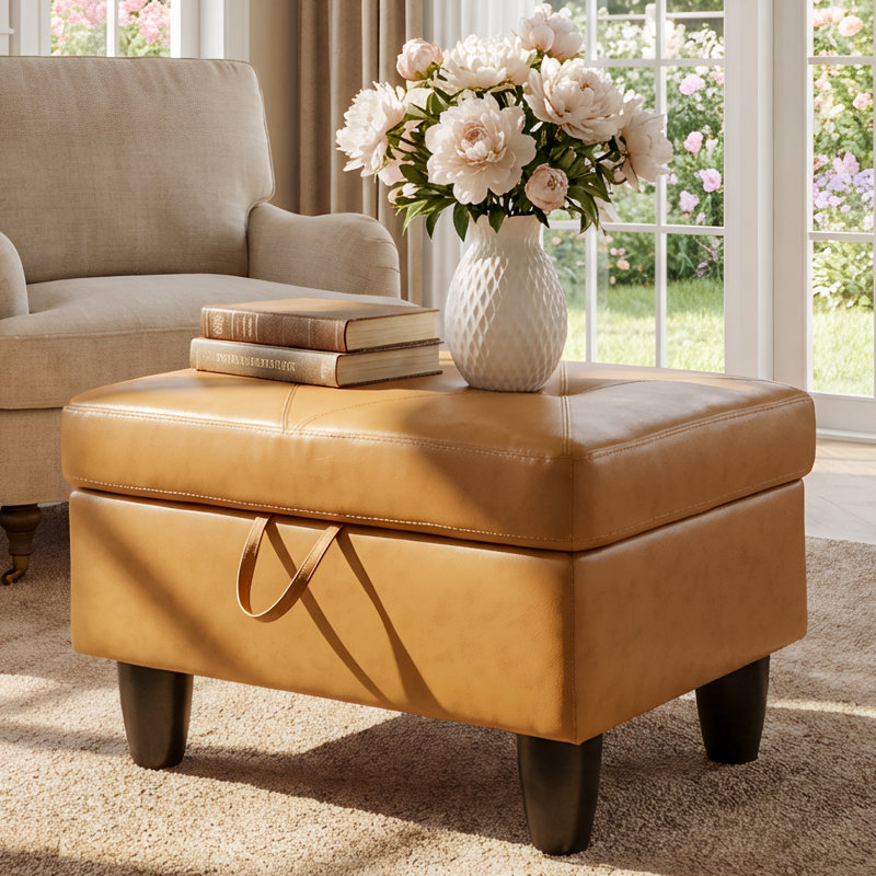 Banc rectangulaire avec repose-pieds avec rangement, repose-pieds en similicuir avec couvercle à charnière, tabouret de table basse pour le salon, la chambre à coucher, le vestibule, orange
