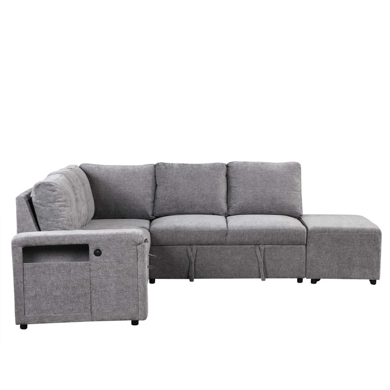 L-shaped Padded Sectional Modular Sofa with Storage Space, USB Ports, and Cup Holders on the Armrests, Beige