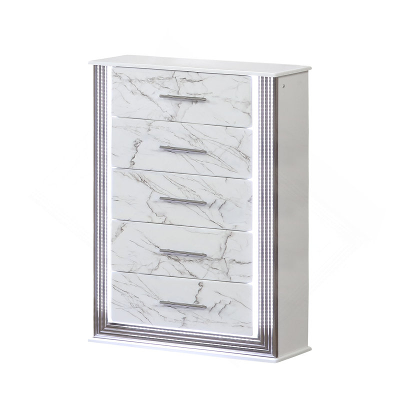 Commode à tiroirs en marbre avec panneaux latéraux à DEL et garniture métallique pour une organisation de chambre spacieuse et élégante