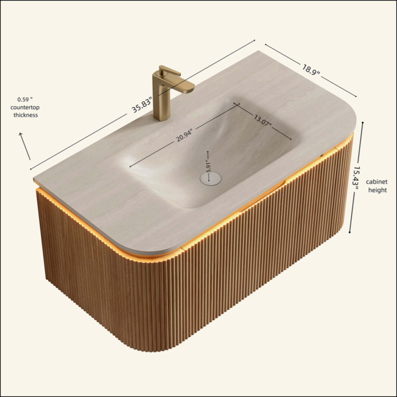 Meuble-lavabo de salle de bain et meuble-lavabo rayé à bords arrondis avec tiroir, lumière à capteur, lavabo intégré en pierre frittée à motif de travertin, pré-assemblé