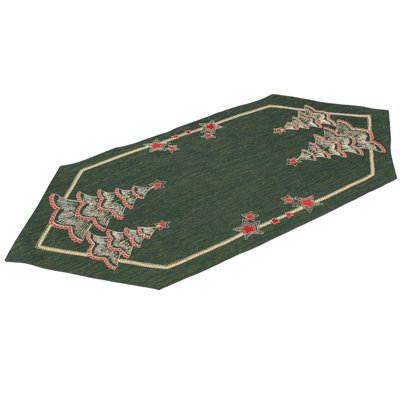 Table Runner Gold Scrollwork Christmas Trees Green Linen 14Wx34L